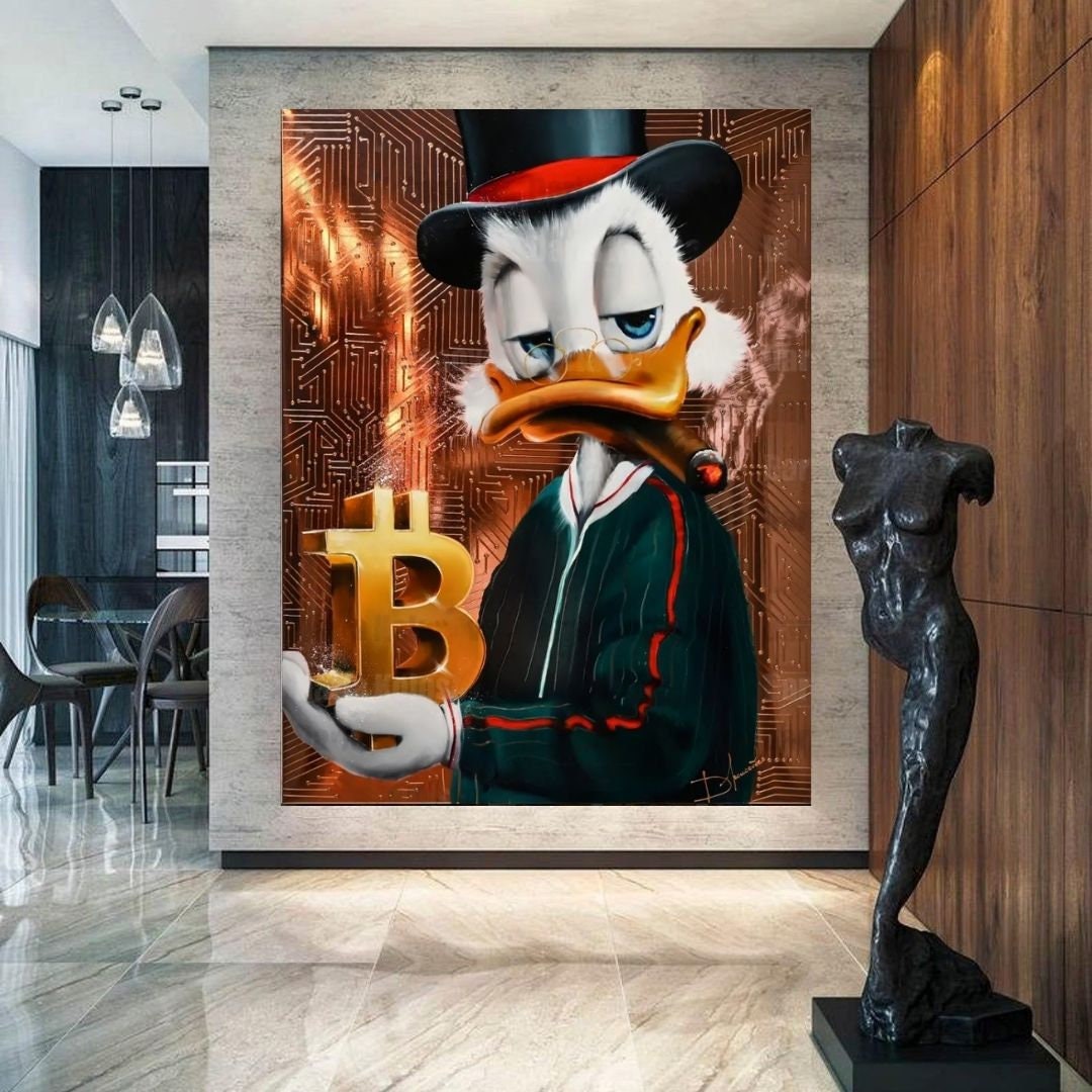 Scrooge McDuck holds a shining Bitcoin in his hand