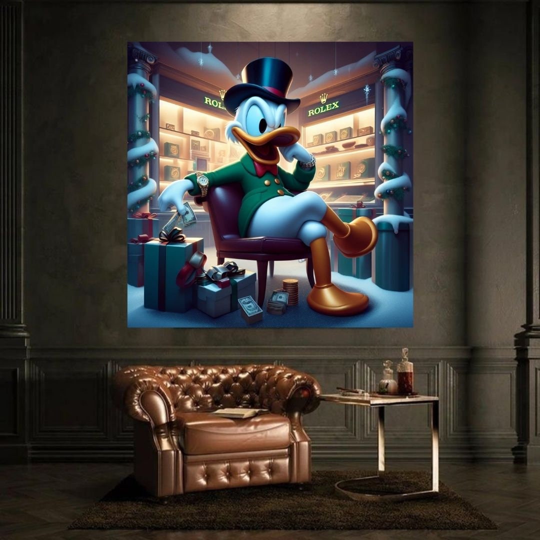 Orologio da boutique in oro Scrooge McDuck Arte stampabile Arte contemporanea Arte murale Arte murale per ufficio Arte digitale moderna Arte murale ispiratrice