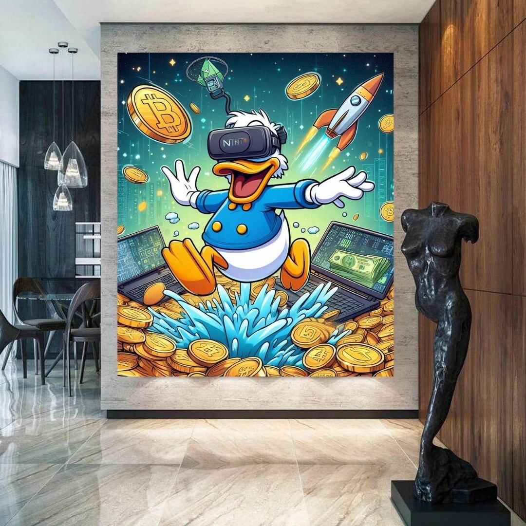 Scrooge Mcduck Bitcoin visiera AR Arte stampabile Arte contemporanea Arte murale Arte murale per ufficio Arte digitale moderna Arte murale ispiratrice