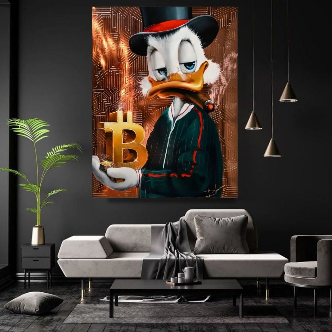 Scrooge McDuck holds a shining Bitcoin in his hand