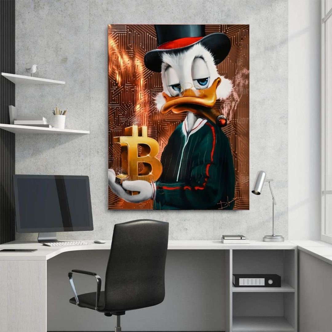 Scrooge McDuck holds a shining Bitcoin in his hand