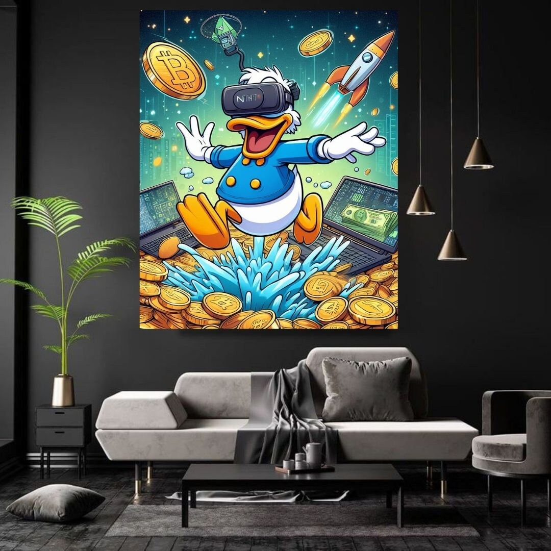 Scrooge Mcduck Bitcoin visiera AR Arte stampabile Arte contemporanea Arte murale Arte murale per ufficio Arte digitale moderna Arte murale ispiratrice