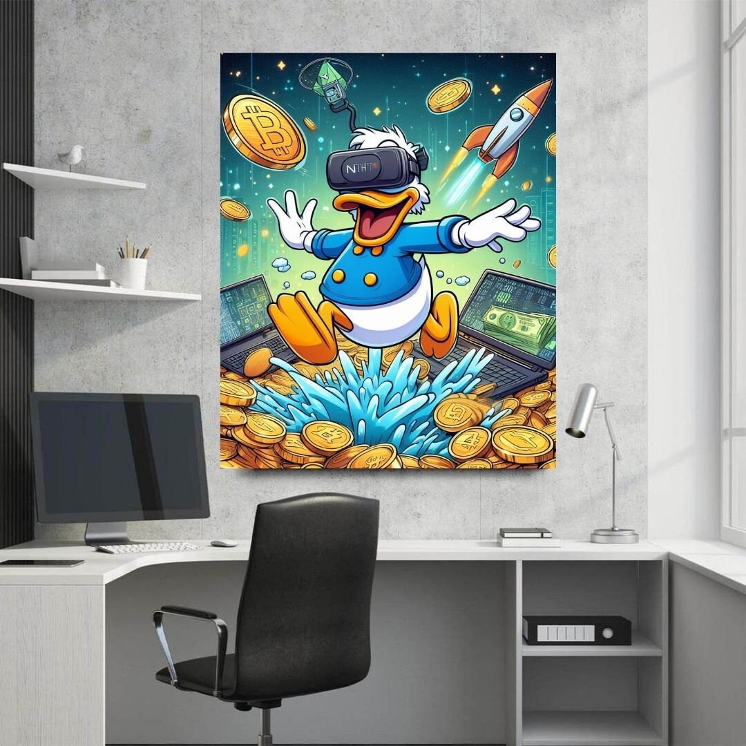 Scrooge Mcduck Bitcoin visiera AR Arte stampabile Arte contemporanea Arte murale Arte murale per ufficio Arte digitale moderna Arte murale ispiratrice