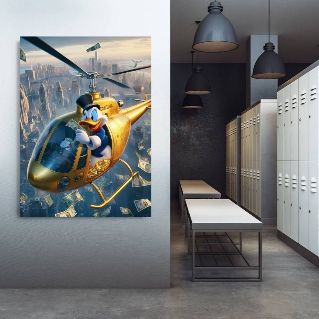 Scrooge Mcduck gold helicopter on Manhattan Printable art Contemporary art Wall art Office wall art Modern digital art Inspirational wallart