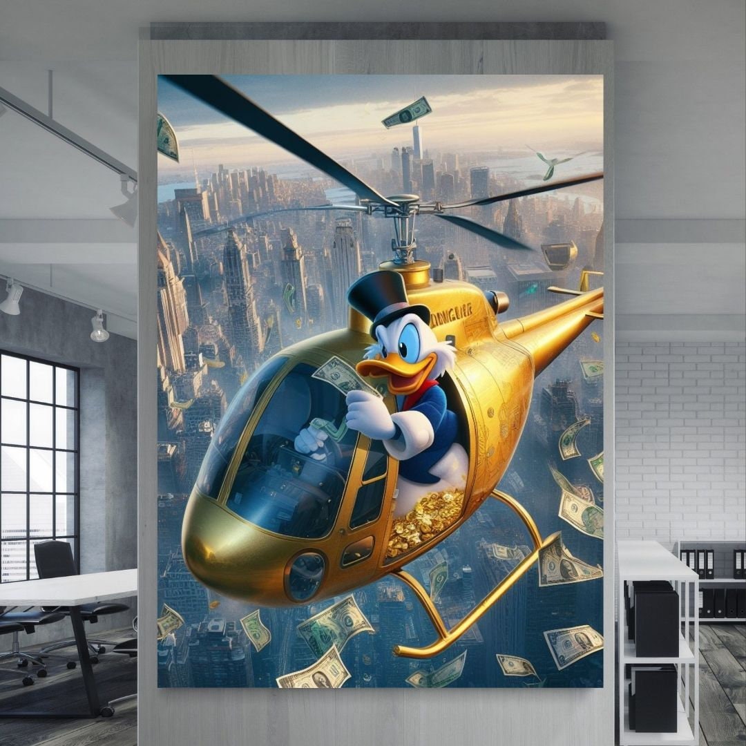 Scrooge Mcduck gold helicopter on Manhattan Printable art Contemporary art Wall art Office wall art Modern digital art Inspirational wallart