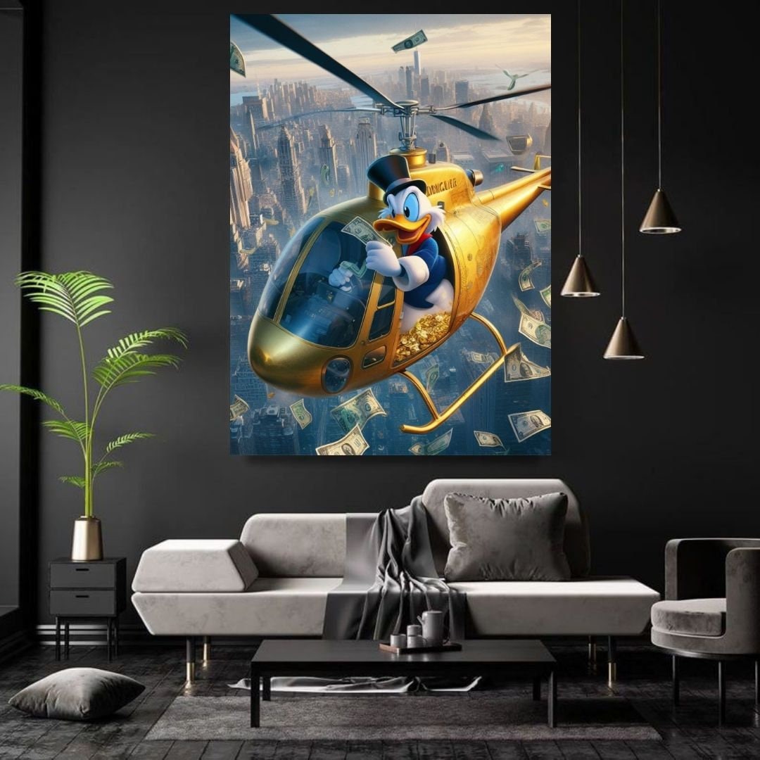 Scrooge Mcduck gold helicopter on Manhattan Printable art Contemporary art Wall art Office wall art Modern digital art Inspirational wallart