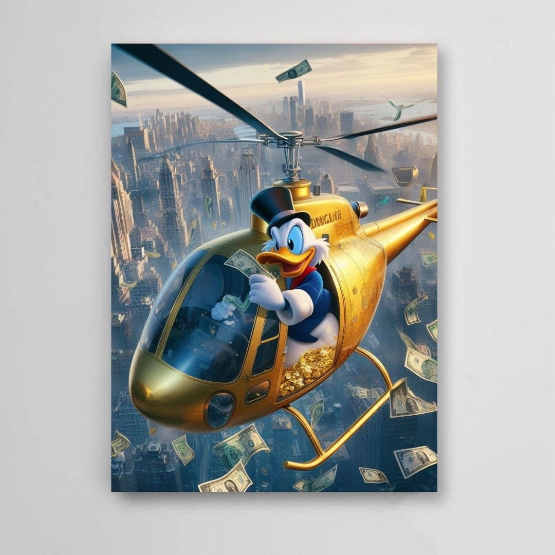 Scrooge Mcduck gold helicopter on Manhattan Printable art Contemporary art Wall art Office wall art Modern digital art Inspirational wallart