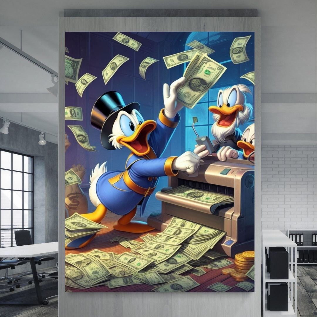 Stampa di dollari di Scrooge McDuck Arte stampabile Arte contemporanea Arte murale Arte murale per ufficio Arte digitale moderna Arte murale ispiratrice