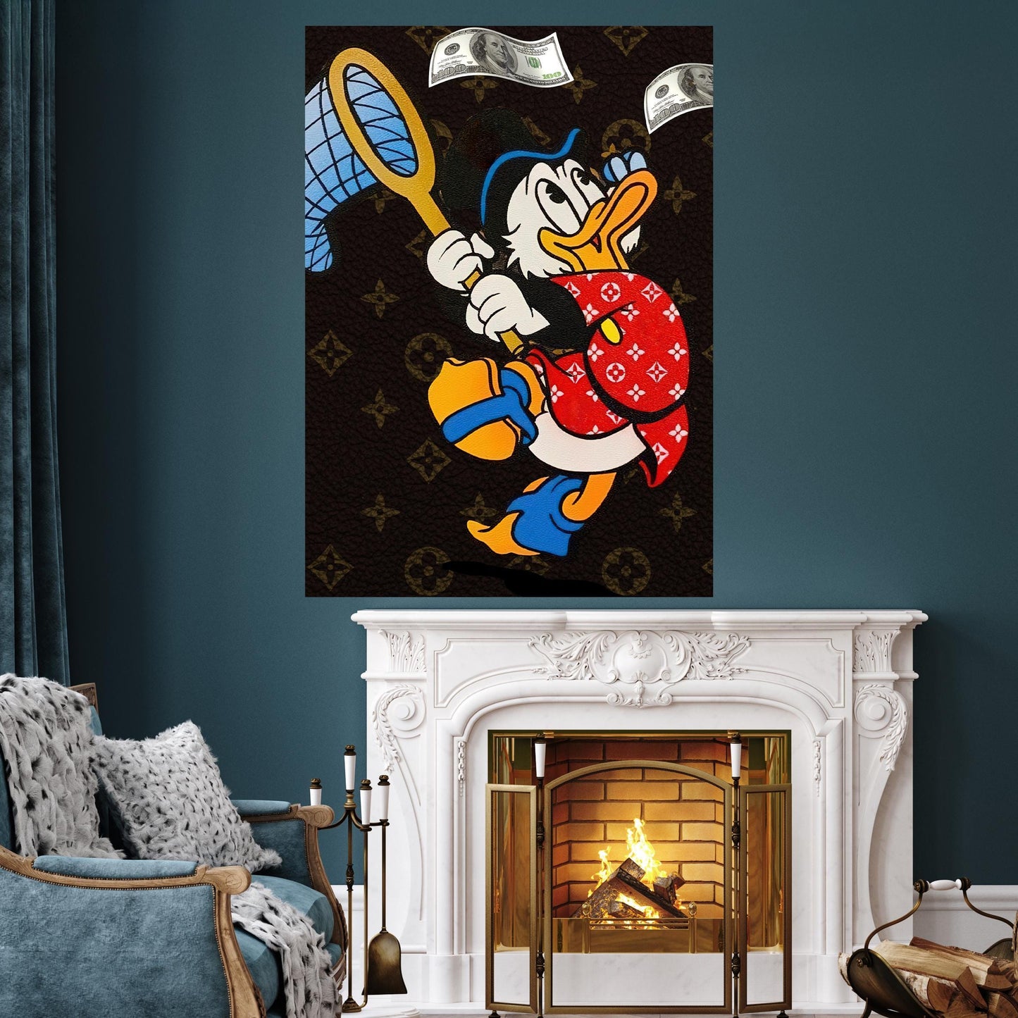 Scrooge Mcduck flying dollars-  Quadro da decorazione, quadro da ufficio, quadro da soggiorno, decoration office, home decoration