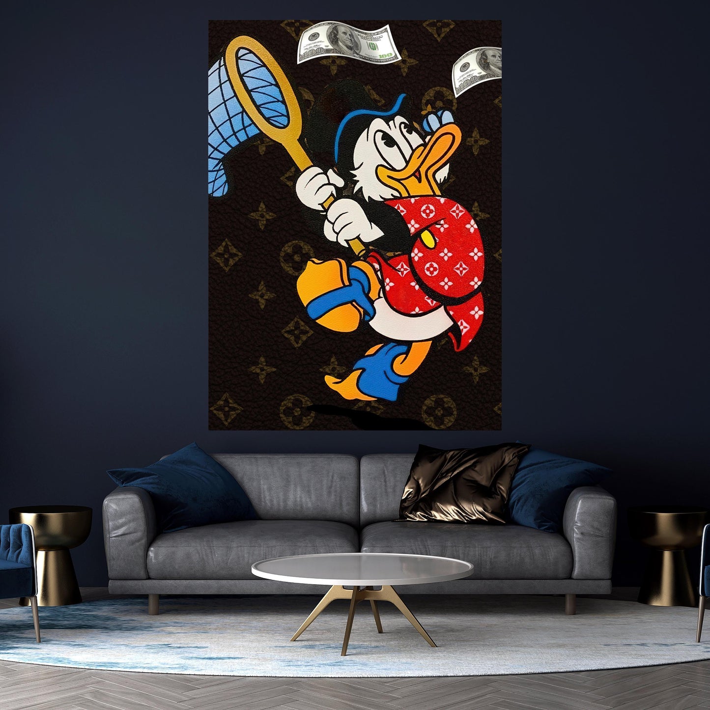 Scrooge Mcduck flying dollars-  Quadro da decorazione, quadro da ufficio, quadro da soggiorno, decoration office, home decoration