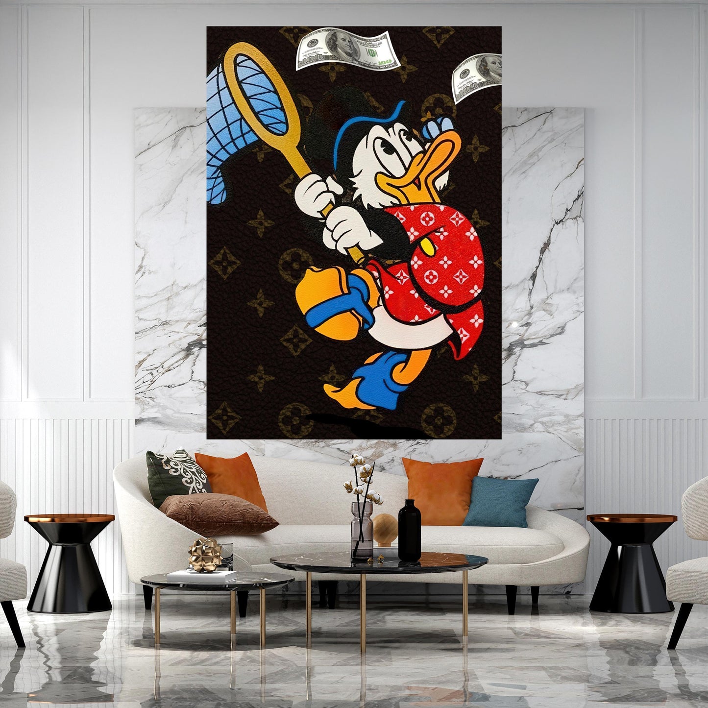 Scrooge Mcduck flying dollars-  Quadro da decorazione, quadro da ufficio, quadro da soggiorno, decoration office, home decoration